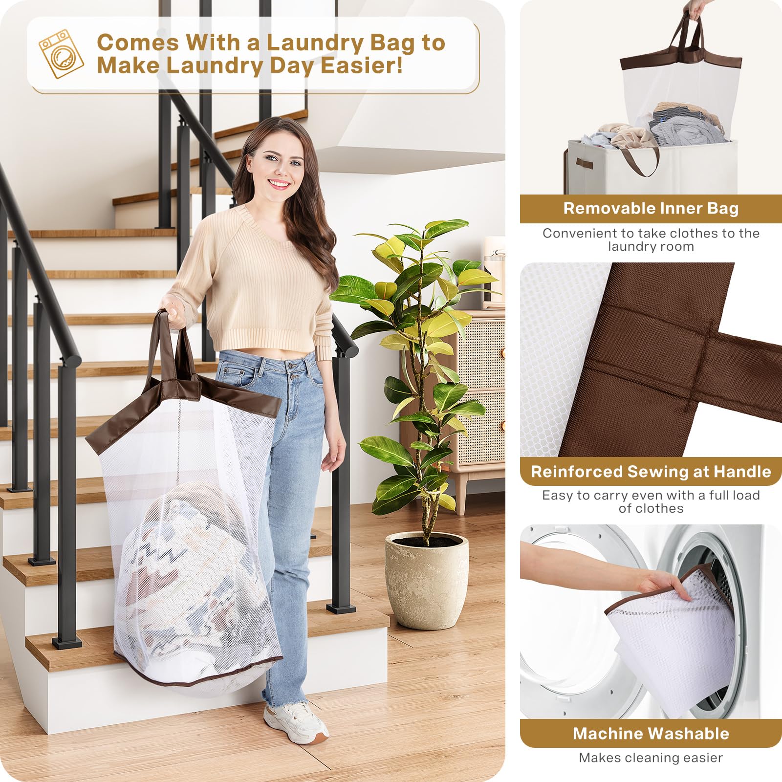 SOLEDI 145L Large Laundry Hamper with Lid | 2-Compartment Collapsible Basket