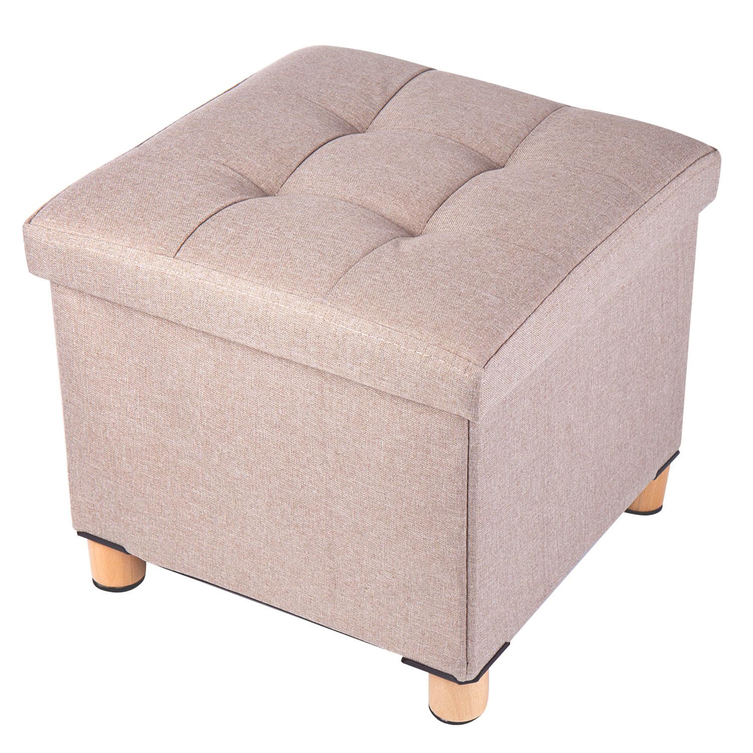 BRIAN & DANY Folding Storage Ottoman – Linen Foot Stool with Wood Legs