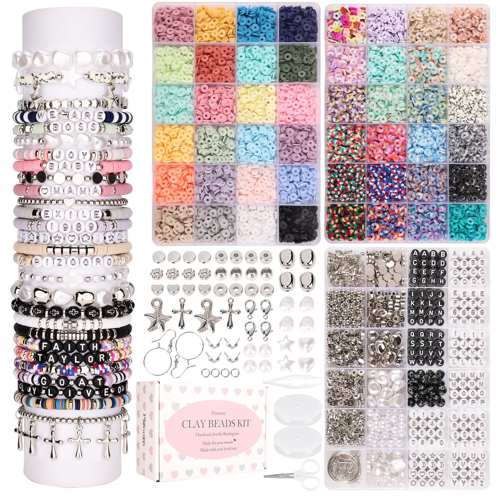 Pizooro Clay Beads Jewelry Making Kit - 8000pcs with Silver Charms