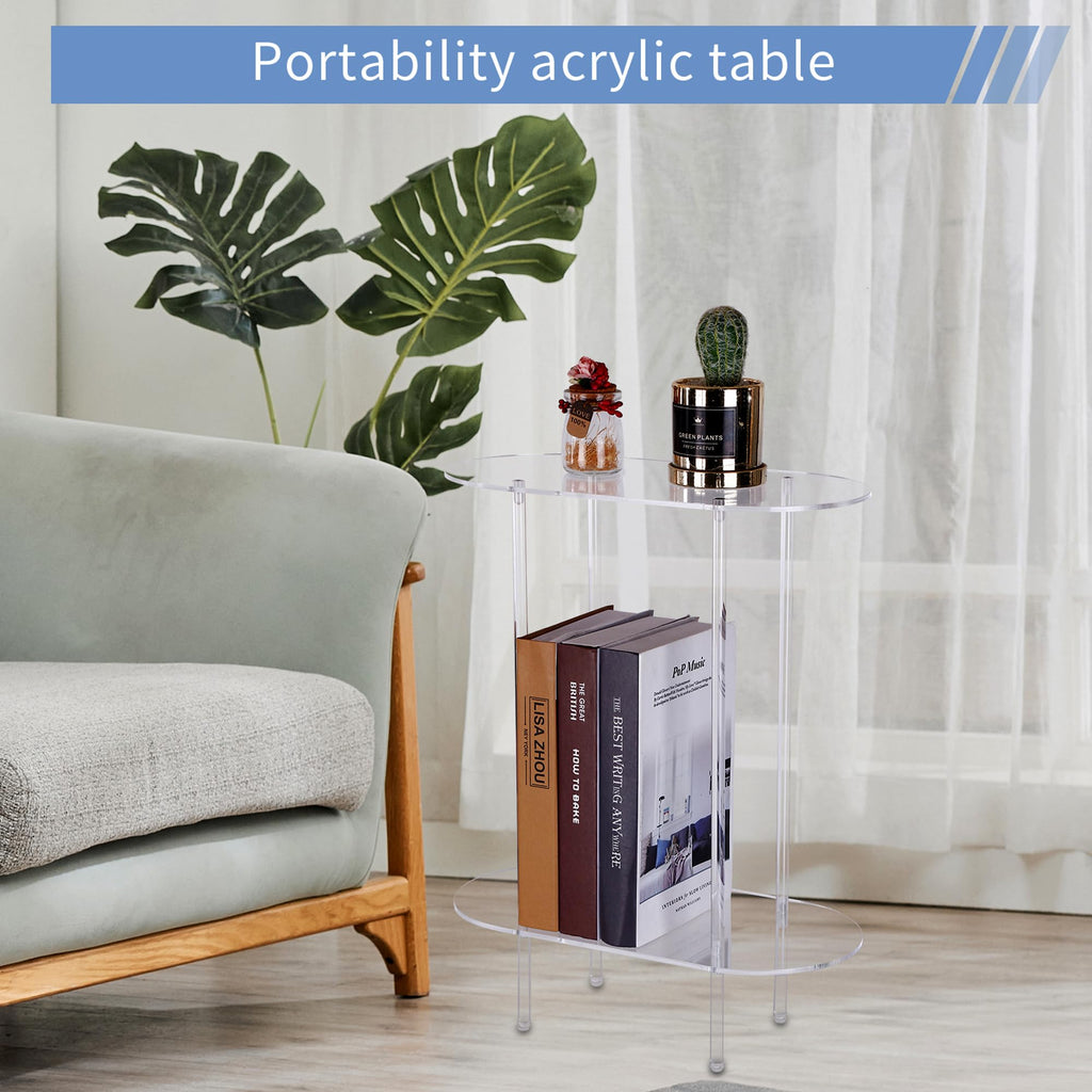 Coolcapis Clear Acrylic Side Table – Small Acrylic End Table, Thin Bedside Night Stand Skinny Living Room Clear Office furniture Oval