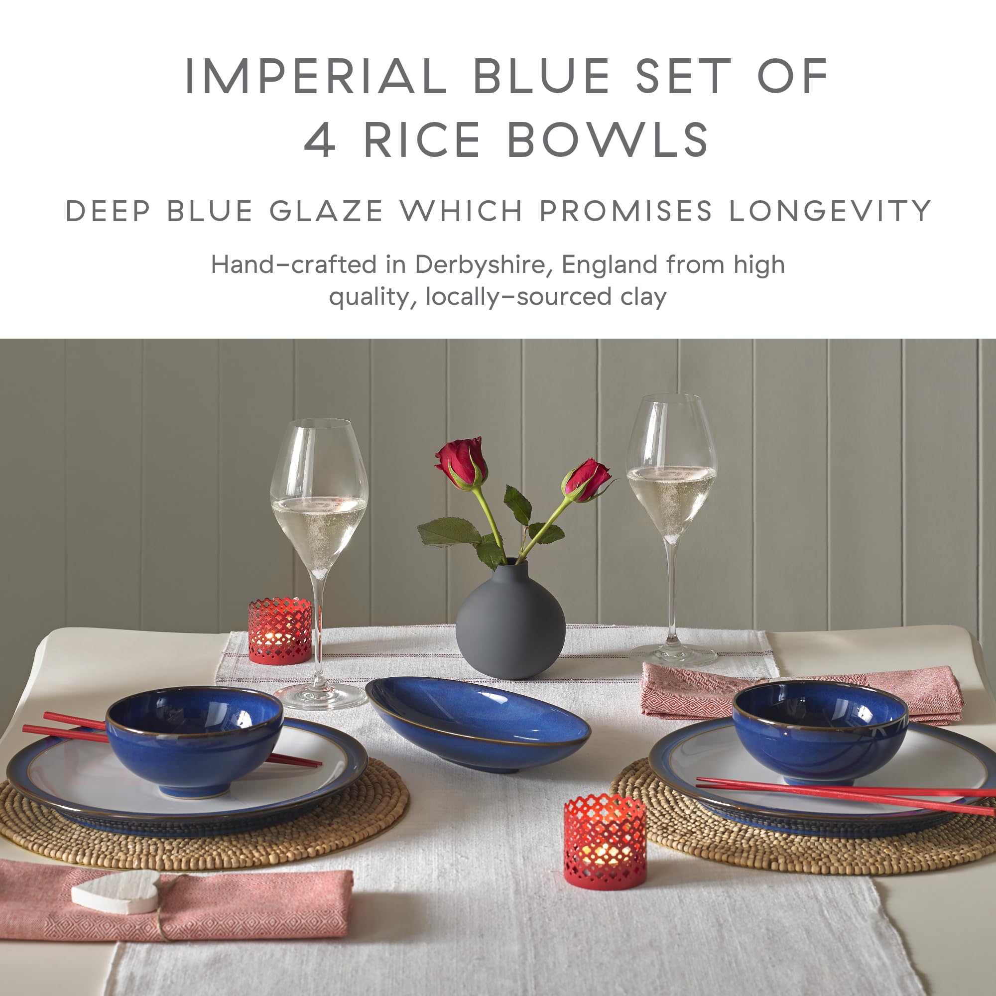 Denby Imperial Blue Rice Bowls – Set of 4 Handcrafted Ceramic Stoneware