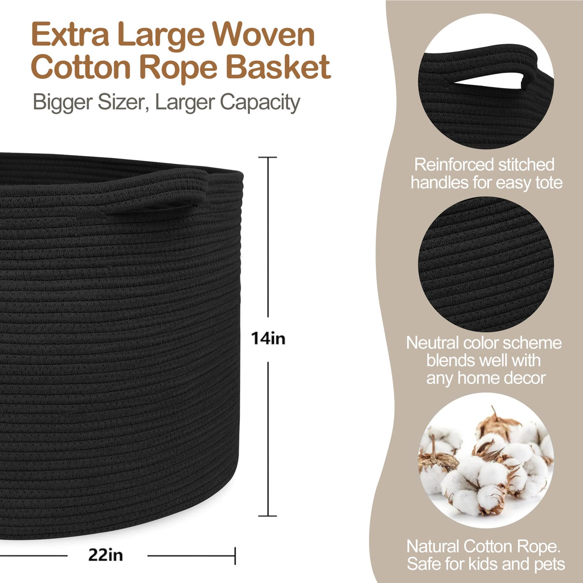 MEGASKET Large Black Blanket Basket, 22" X 22" X 14" Woven Rope Bin for Storage, Kids Dog Toy Storage Box Organizer Bins - image 2