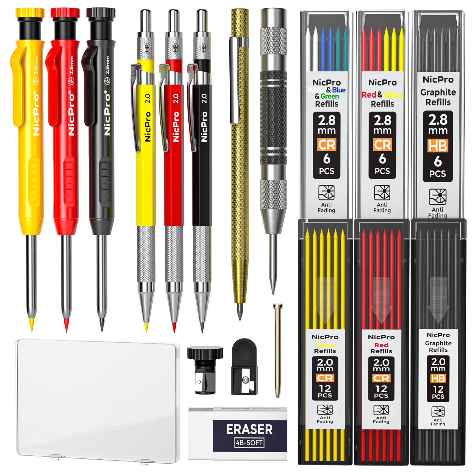 Nicpro 18 Pack Carpenter Pencil Set with 60 Refills & Scribe Tool