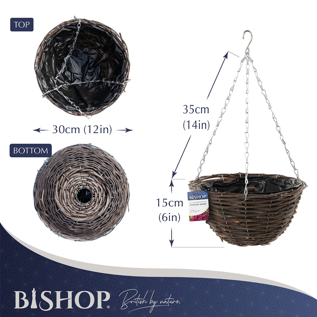 12 Inch Rattan Hanging Basket – Dark Wicker Outdoor Planter