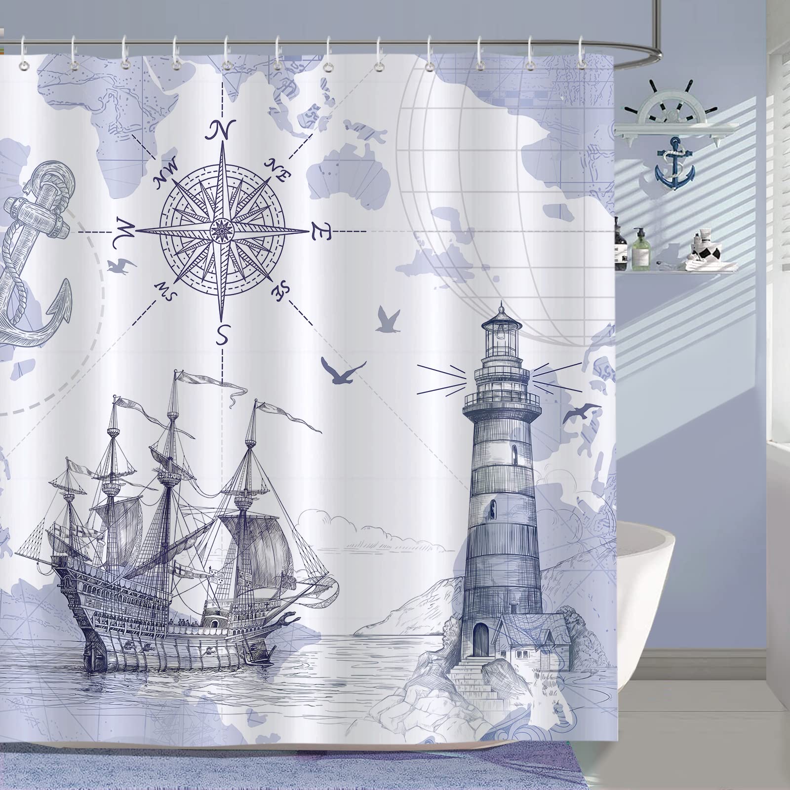 Bonhause Nautical Shower Curtain | 180x180cm Waterproof Polyester Fabric