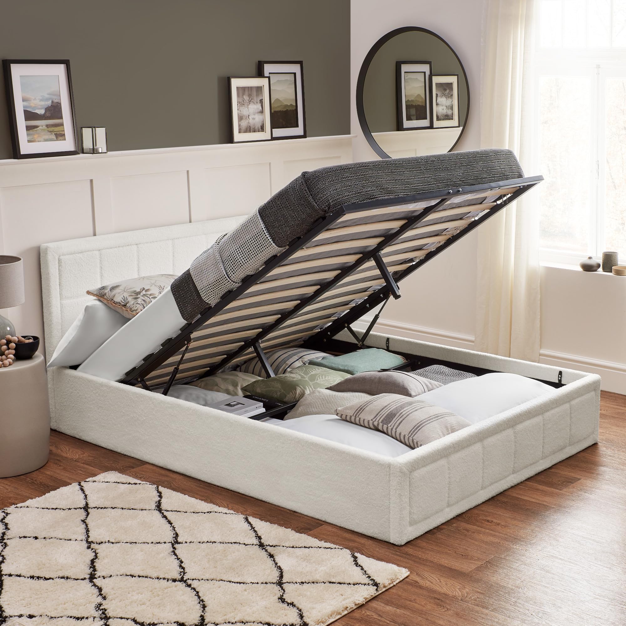 Jolof Store King Size Ottoman Storage Bed – White Bouclé Upholstered