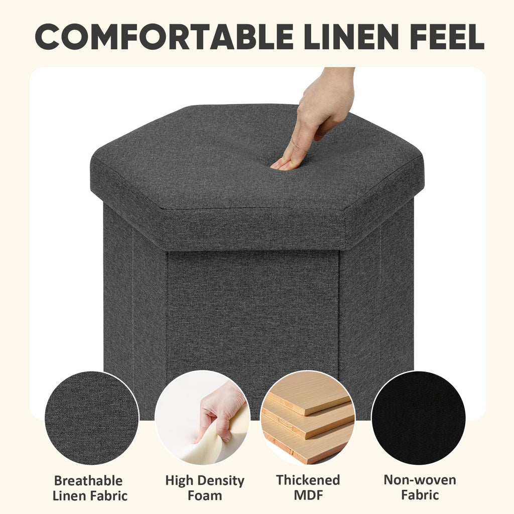 PINPLUS Folding Storage Ottoman, Linen Hexagonal Footrest, Dark Grey - image 5
