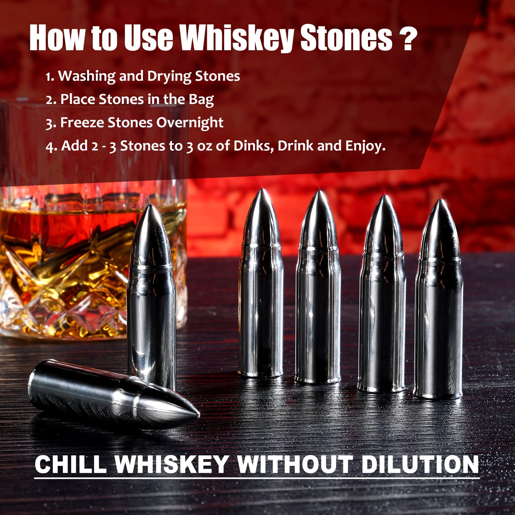 Exreizst Stainless Steel Whiskey Stones and Glass Gift Set with Wood Box