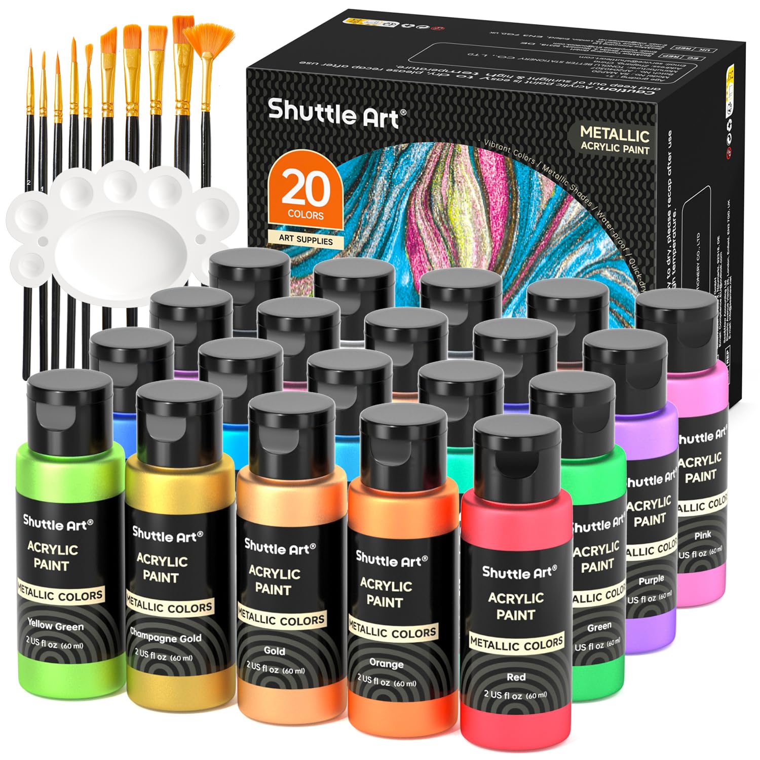 Shuttle Art Metallic Acrylic Paint Set - 20 Colors with Brushes & Palette