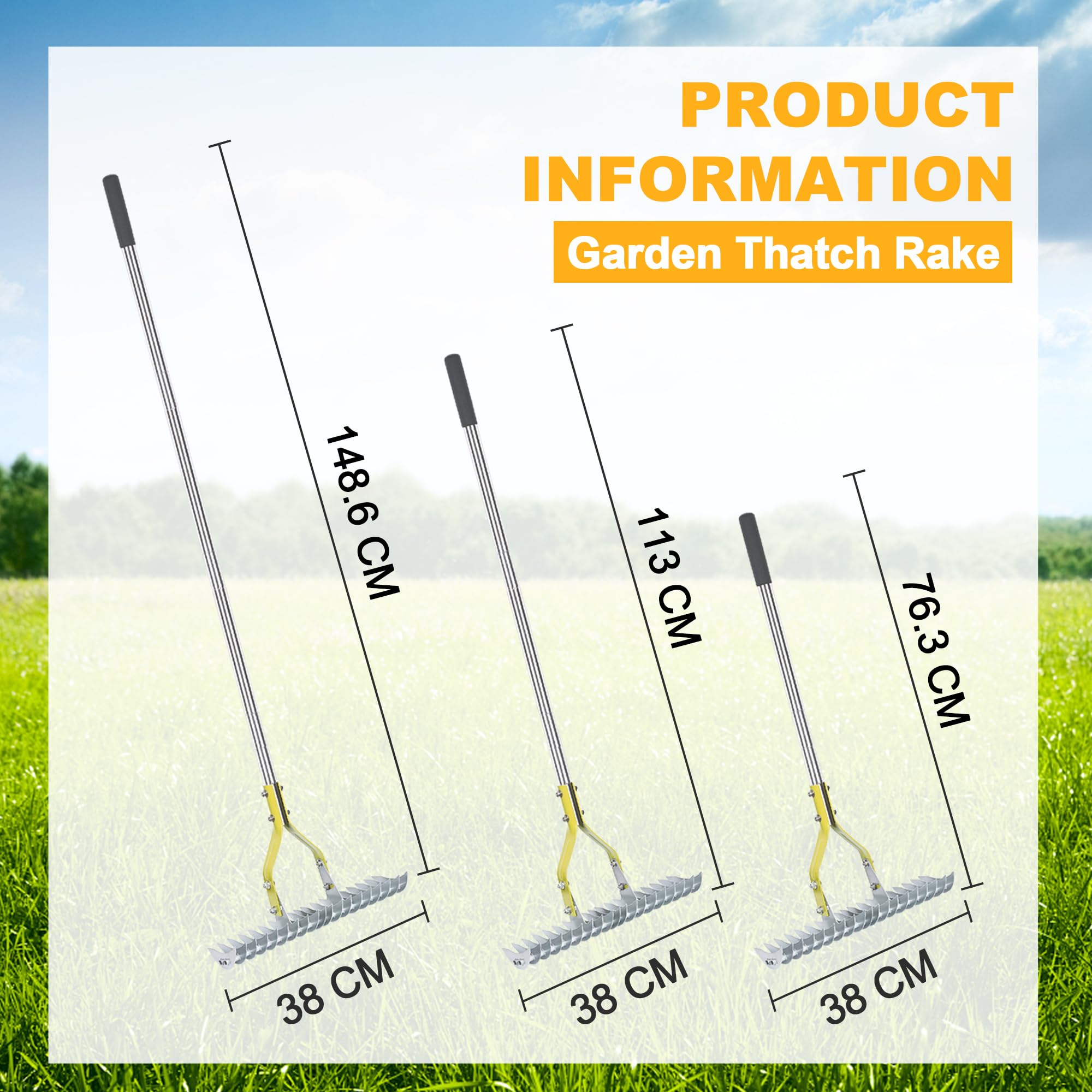 BARAYSTUS Carbon Steel Lawn Rake – 148cm Adjustable Handle Garden Comb