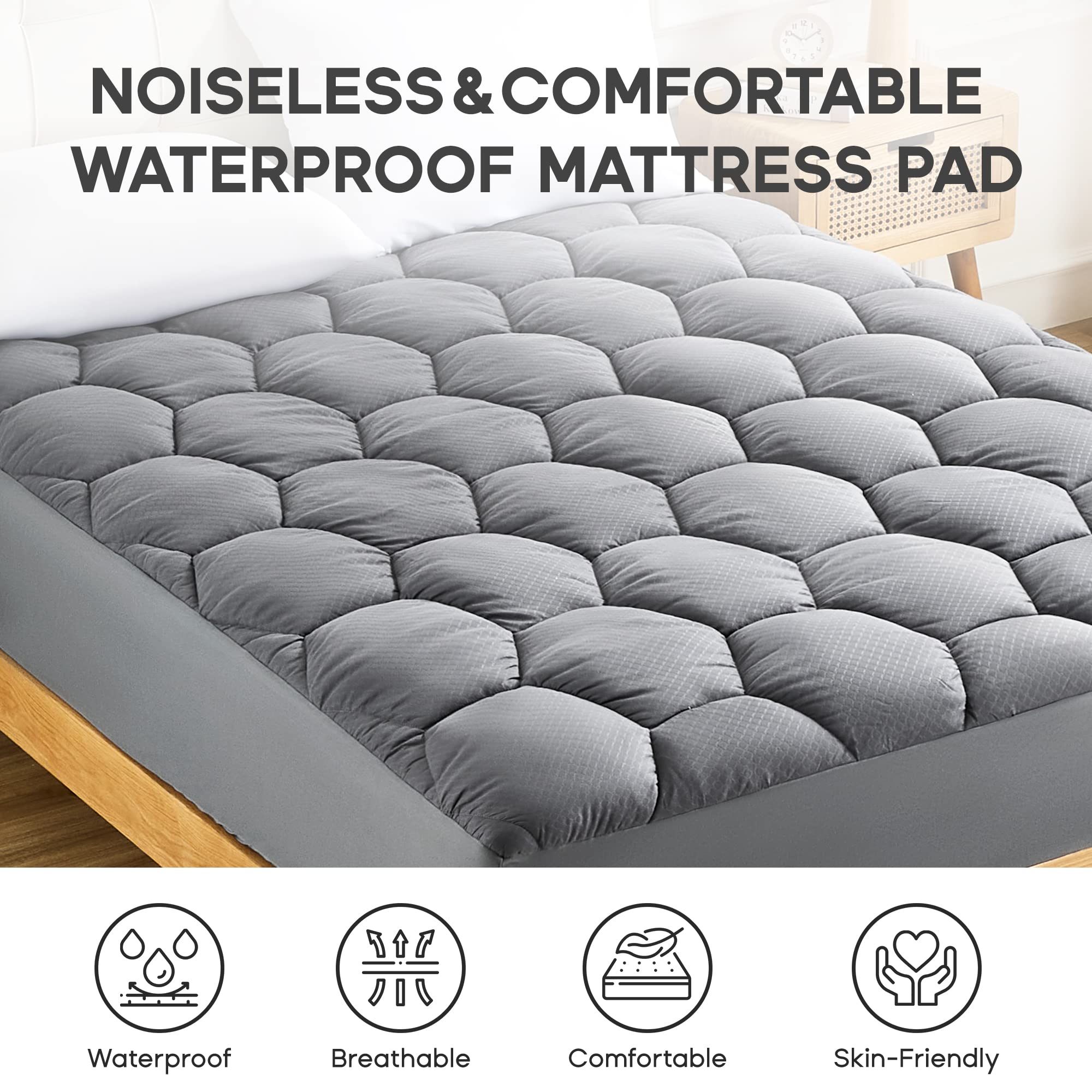 SONIVE Waterproof Mattress Topper – Thick Fluffy Fitted Protector, Grey