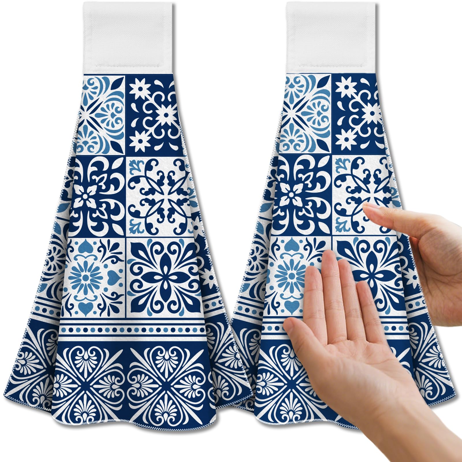 CUTHOLLOW Blue Bohemian Hanging Tea Towels – 2Pc Microfiber Kitchen Dish Towel