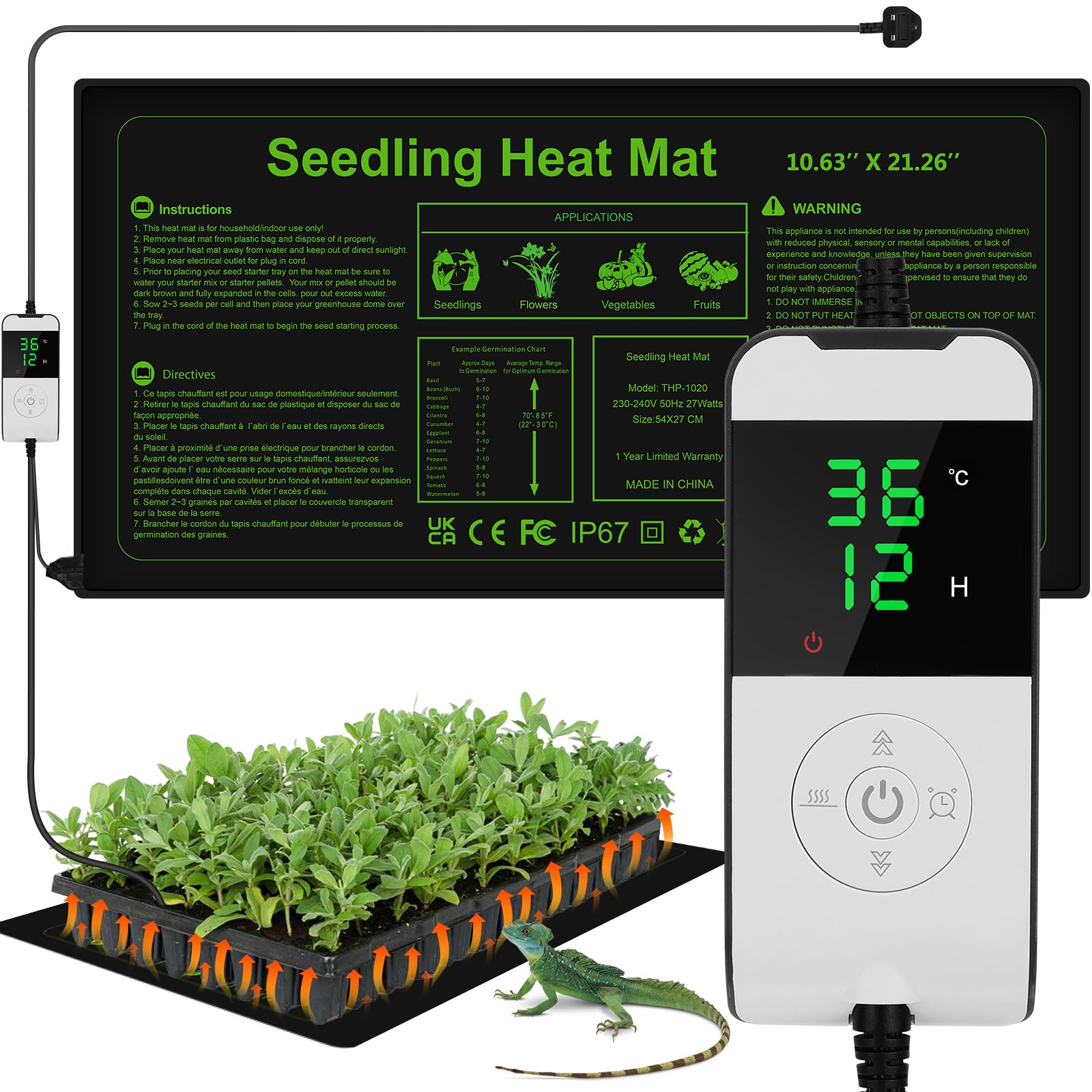 WADEO Seedling Heat Mat with Thermostat - 30W Waterproof Plant Heating Pad