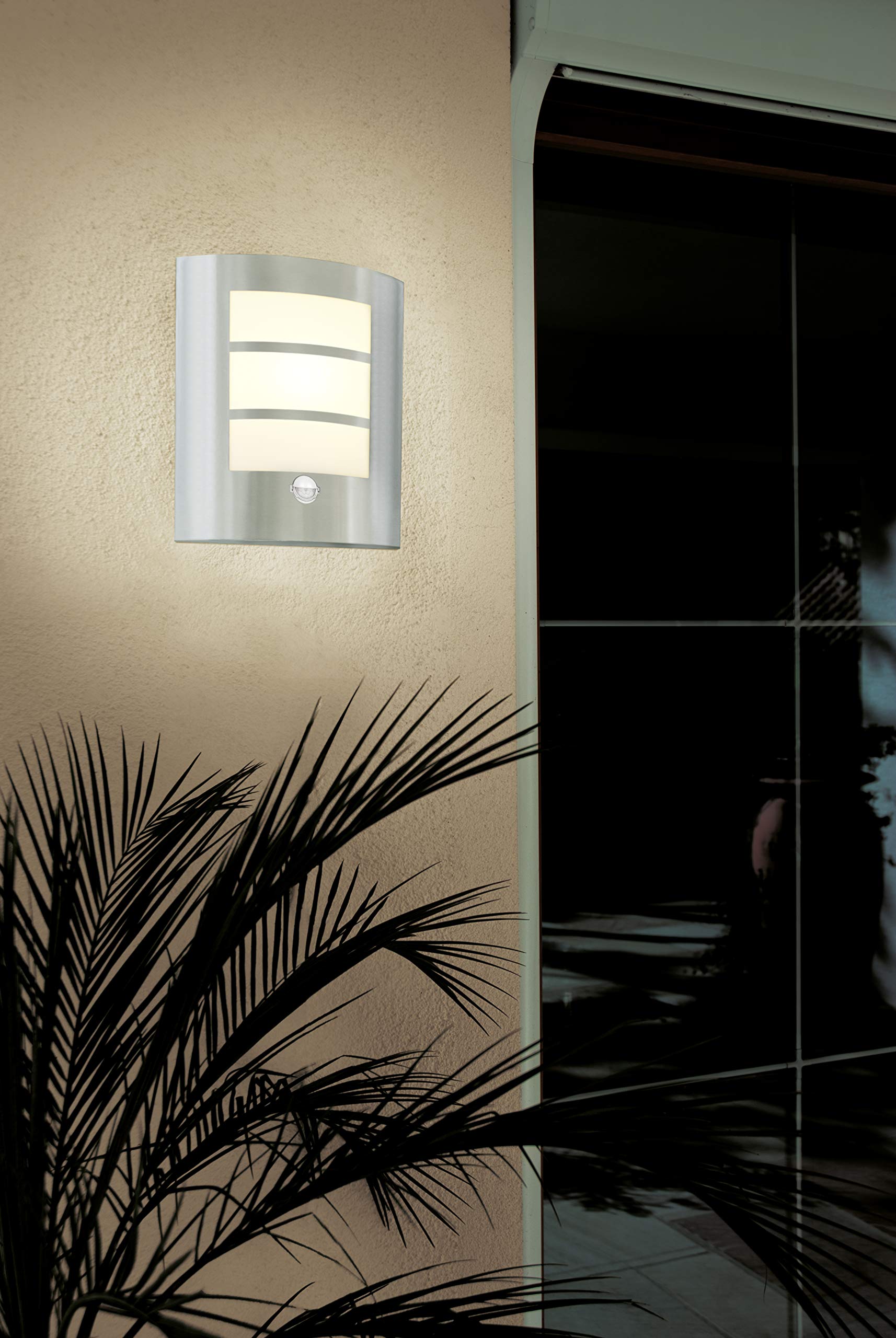 Eglo City Outdoor Motion Sensor Wall Light | Silver Stainless Steel IP44
