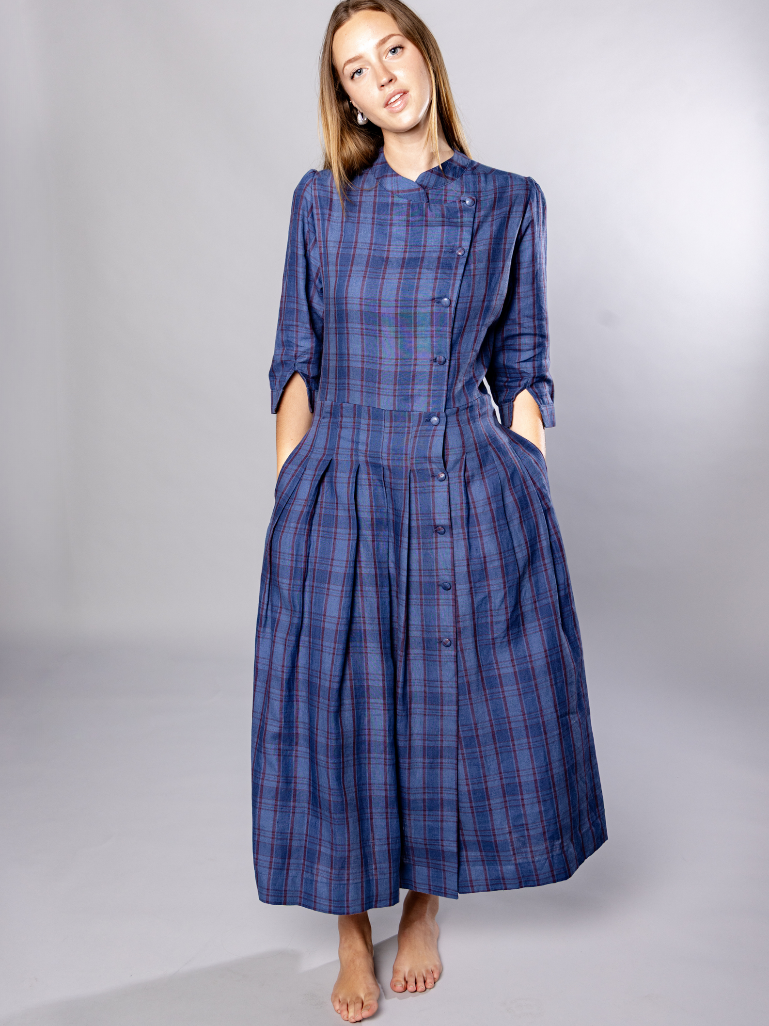 No More Nobody Talitha Organic Linen Midi Dress with Pockets – Navy Check