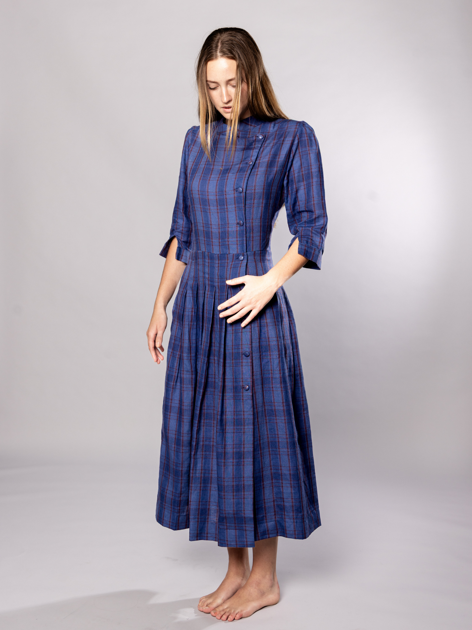 No More Nobody Talitha Organic Linen Midi Dress with Pockets – Navy Check