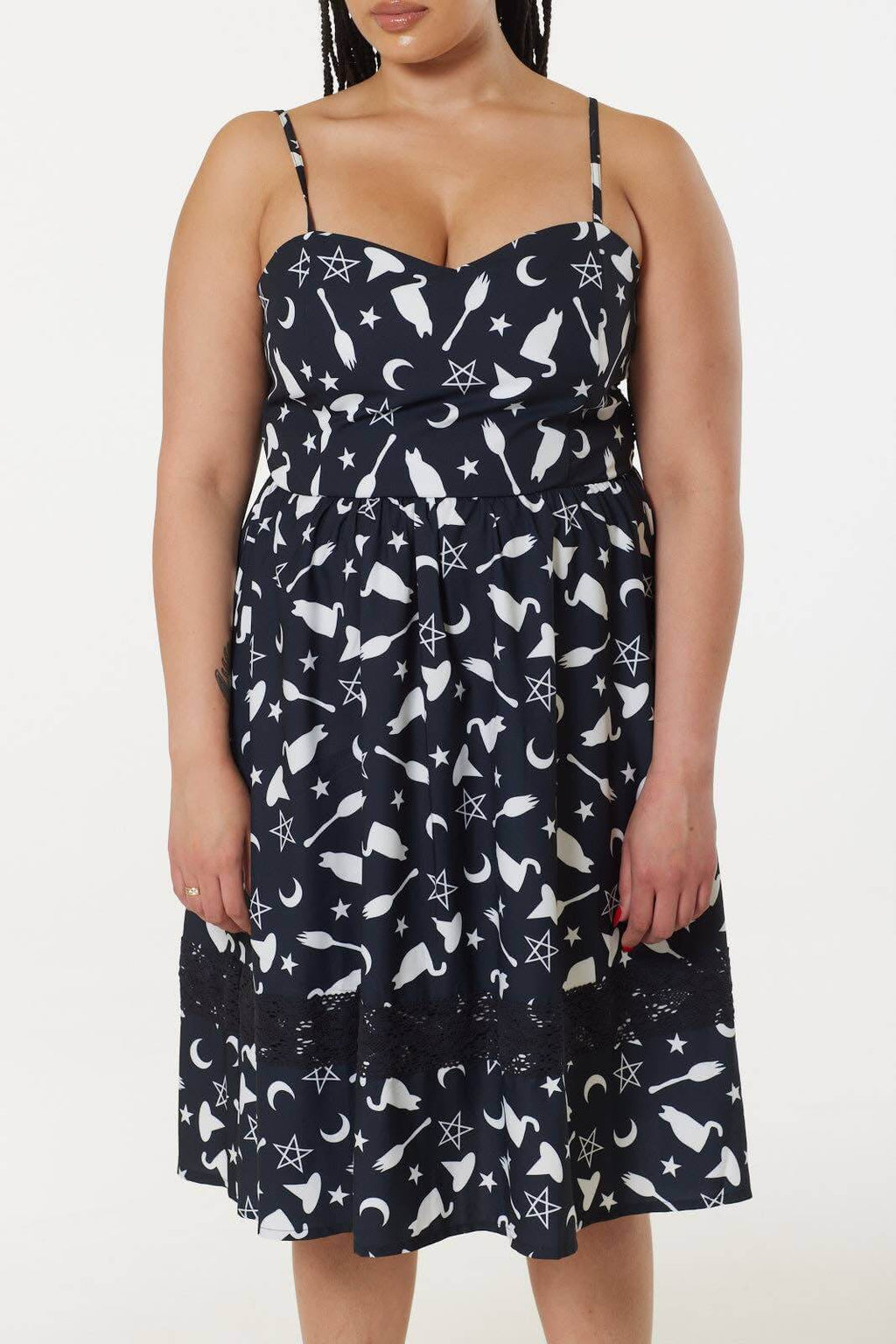 Kate's Clothing Witch Print Midi Fit & Flare Dress with Lace Hem