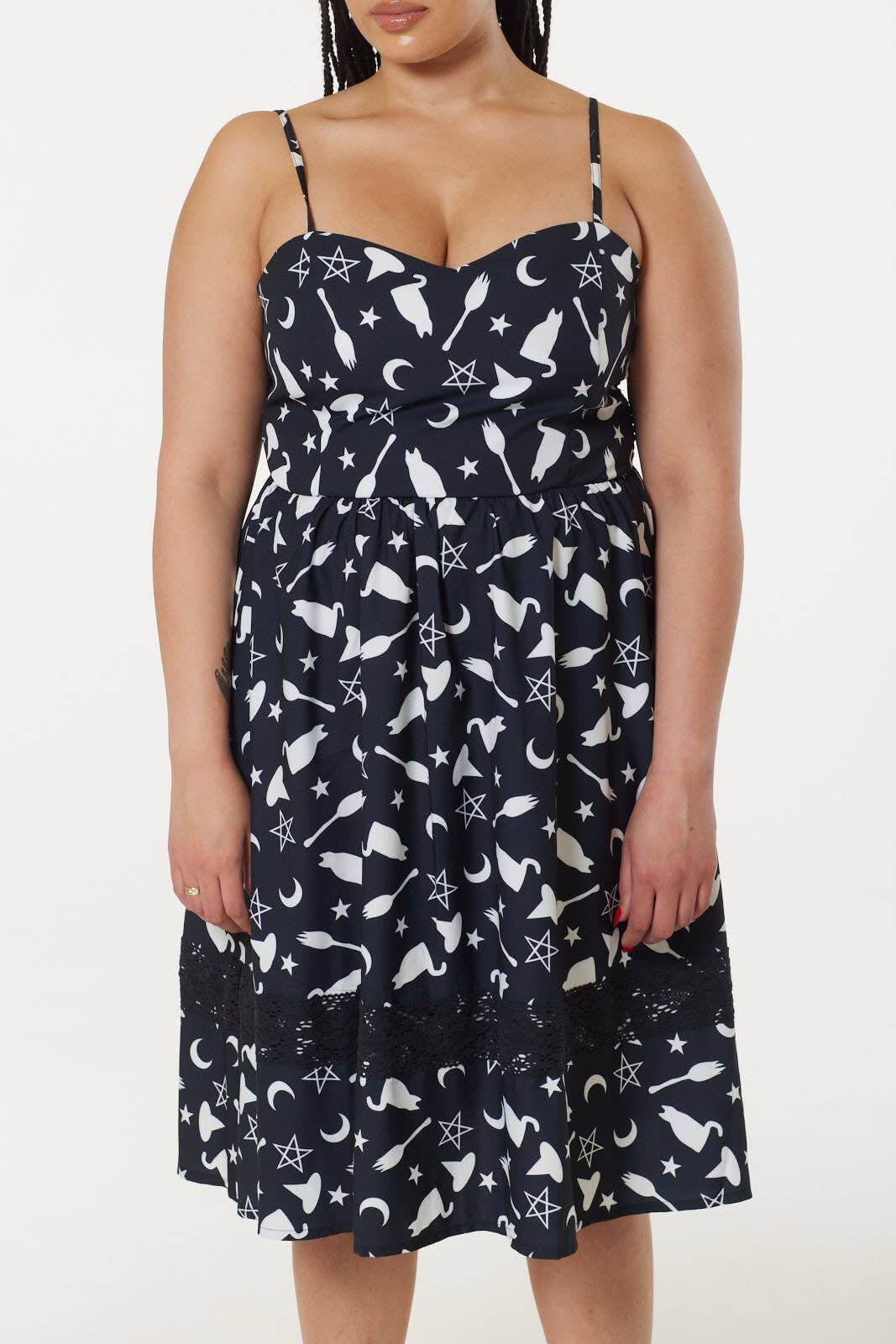 Kate's Clothing Witch Print Midi Fit & Flare Dress with Lace Hem