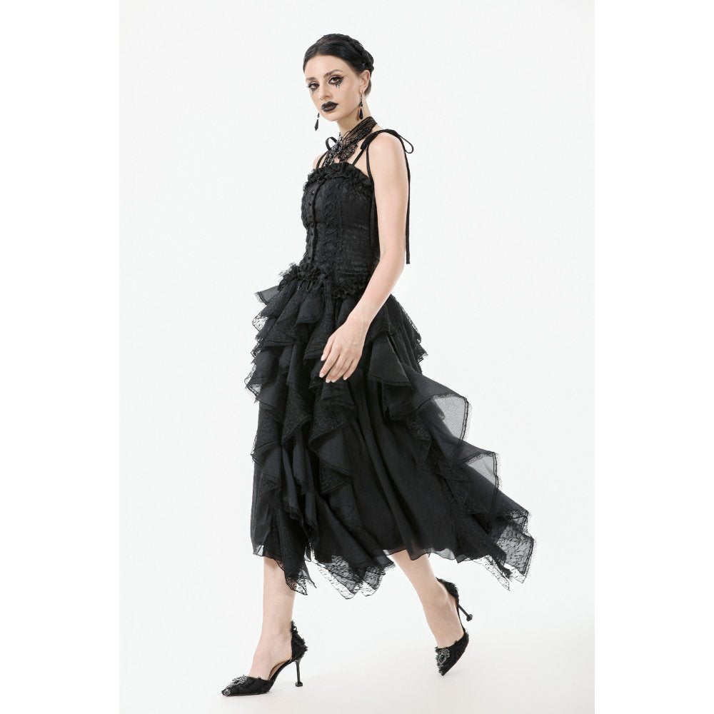 Dark in Love Morrigan Ruffled Goth Midi Skirt - Black Lace Asymmetric