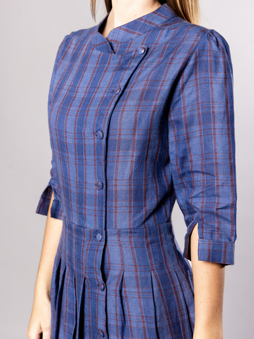 No More Nobody Talitha Organic Linen Midi Dress with Pockets – Navy Check