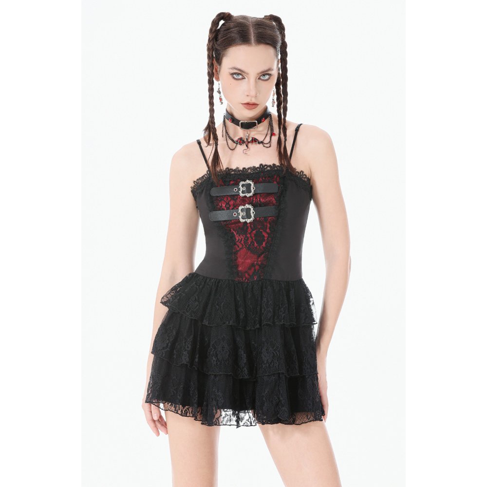 Dark in Love Crimson Shadow Layered Lace Cake Dress – Black and Red