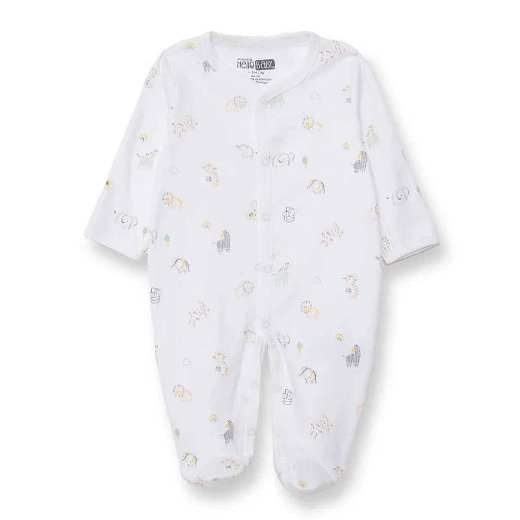 HelloBaby Boys Footed Romper Animal with Poppers Crew Neck Long Leg Long Sleeve - White Printed