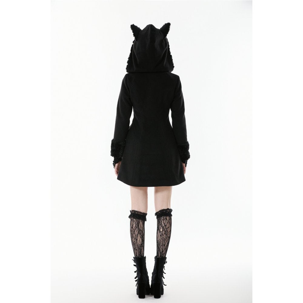Dark in Love Cat-Ear Faux Fur Trim Gothic A-Line Skater Coat