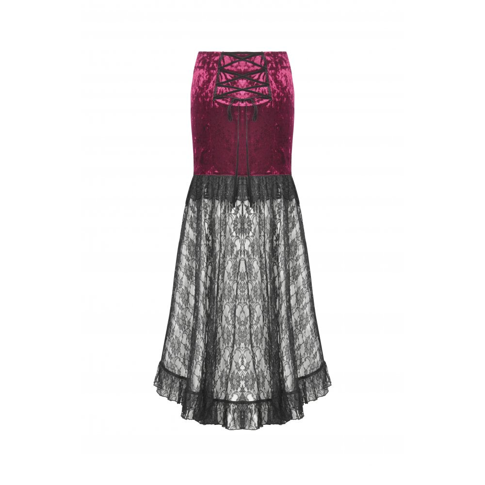 Dark in Love Crimson Queen High-Low Goth Skirt – Burgundy Velvet & Lace
