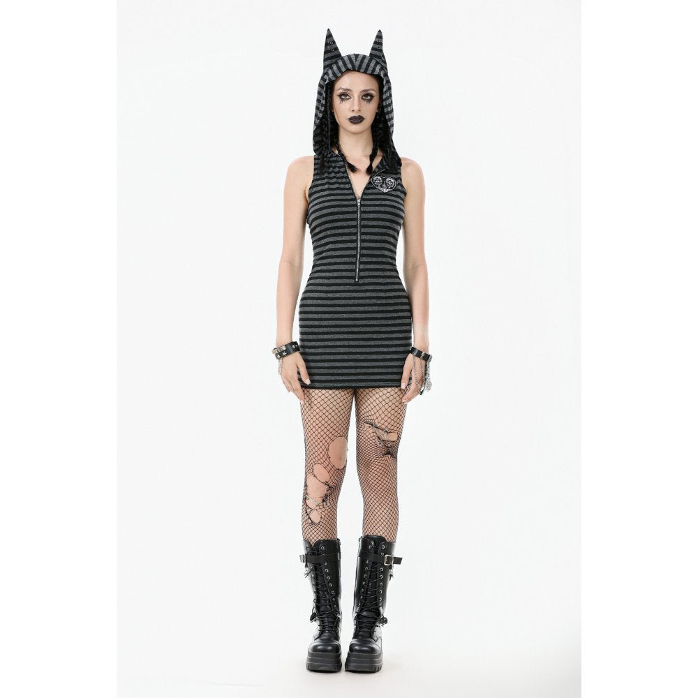 Dark In Love Salem Striped Cat Ear Hoodie Dress – Grey & Black Goth