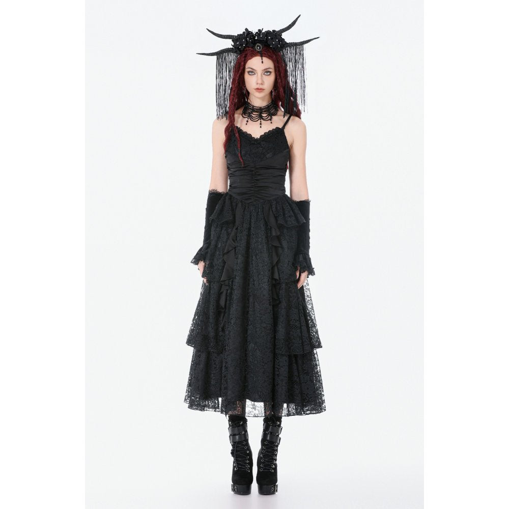 Dark in Love Black Gothic Satin and Lace Tiered Corset Dress