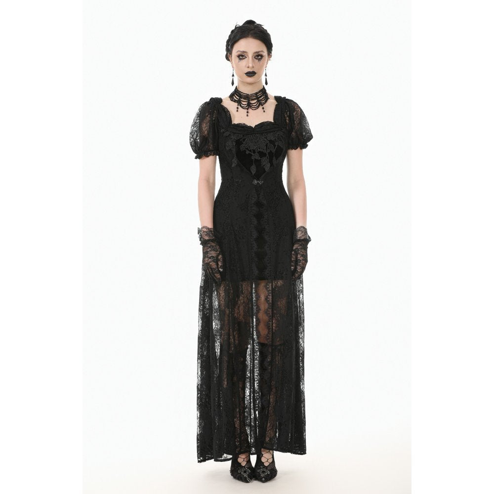 Dark in Love Morwenna Black Lace Gothic Maxi Dress with Train