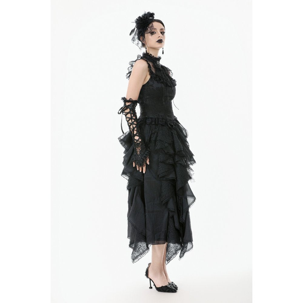 Dark in Love Seraphina Ruched Lace Goth Blouse - Black Satin