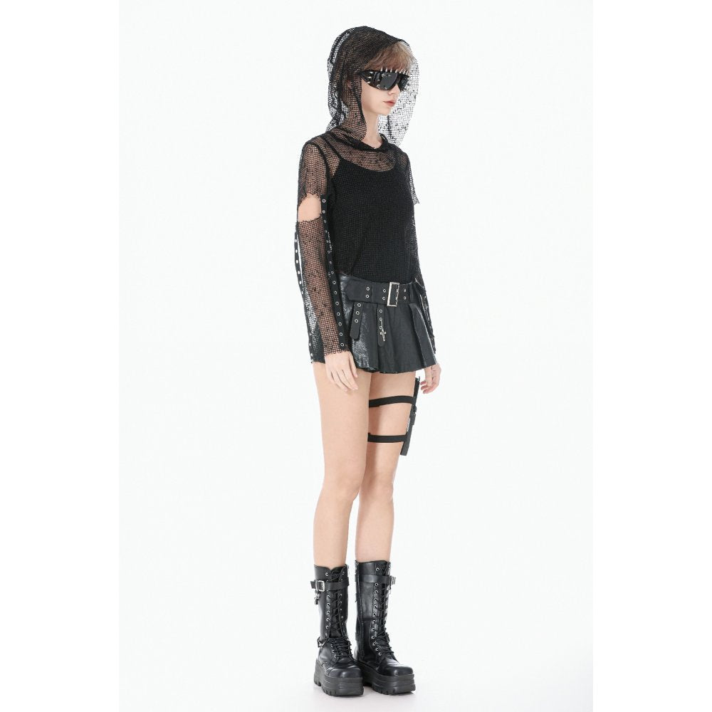 Dark in Love Punk Mesh Hollow-Out Hooded Top – Black Gothic Layer