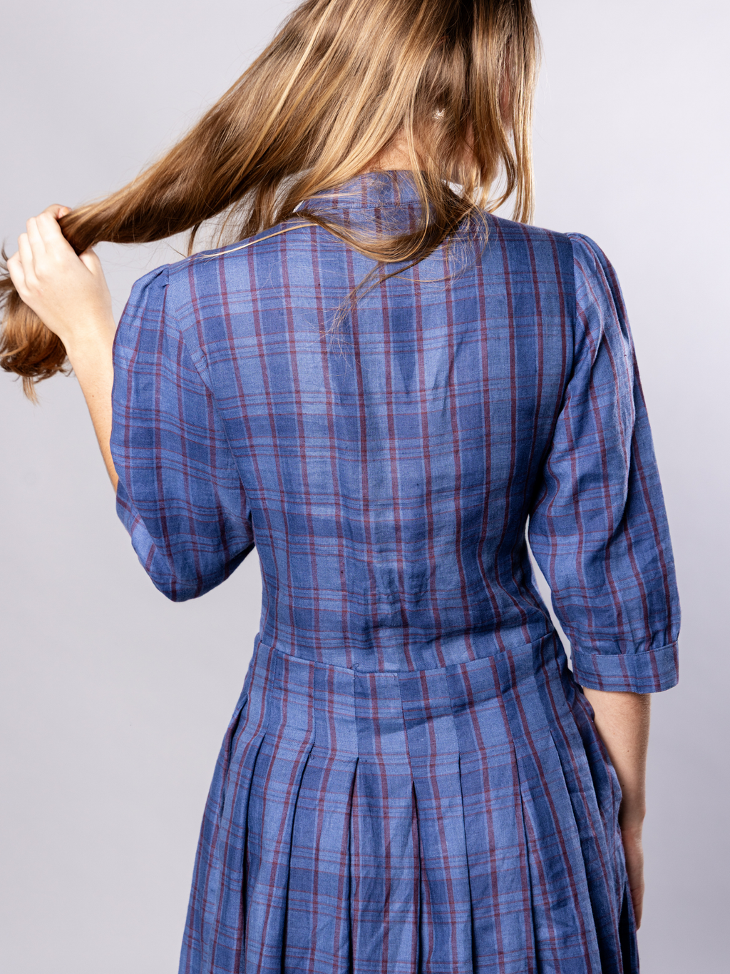No More Nobody Talitha Organic Linen Midi Dress with Pockets – Navy Check