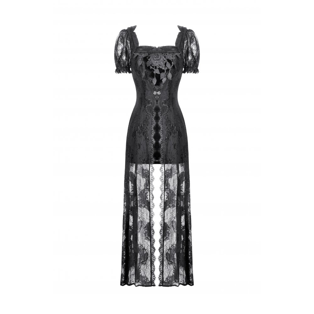Dark in Love Morwenna Black Lace Gothic Maxi Dress with Train