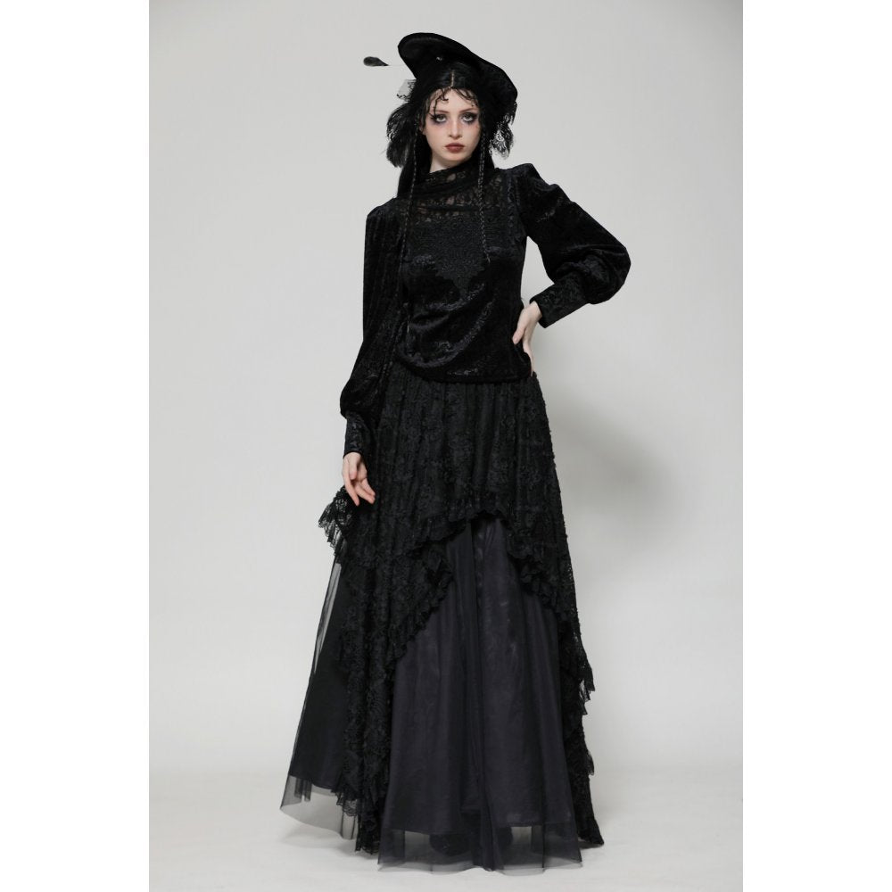 Dark in Love Cyra Gothic Jacquard Velvet Bell Sleeve Turtle Neck Top
