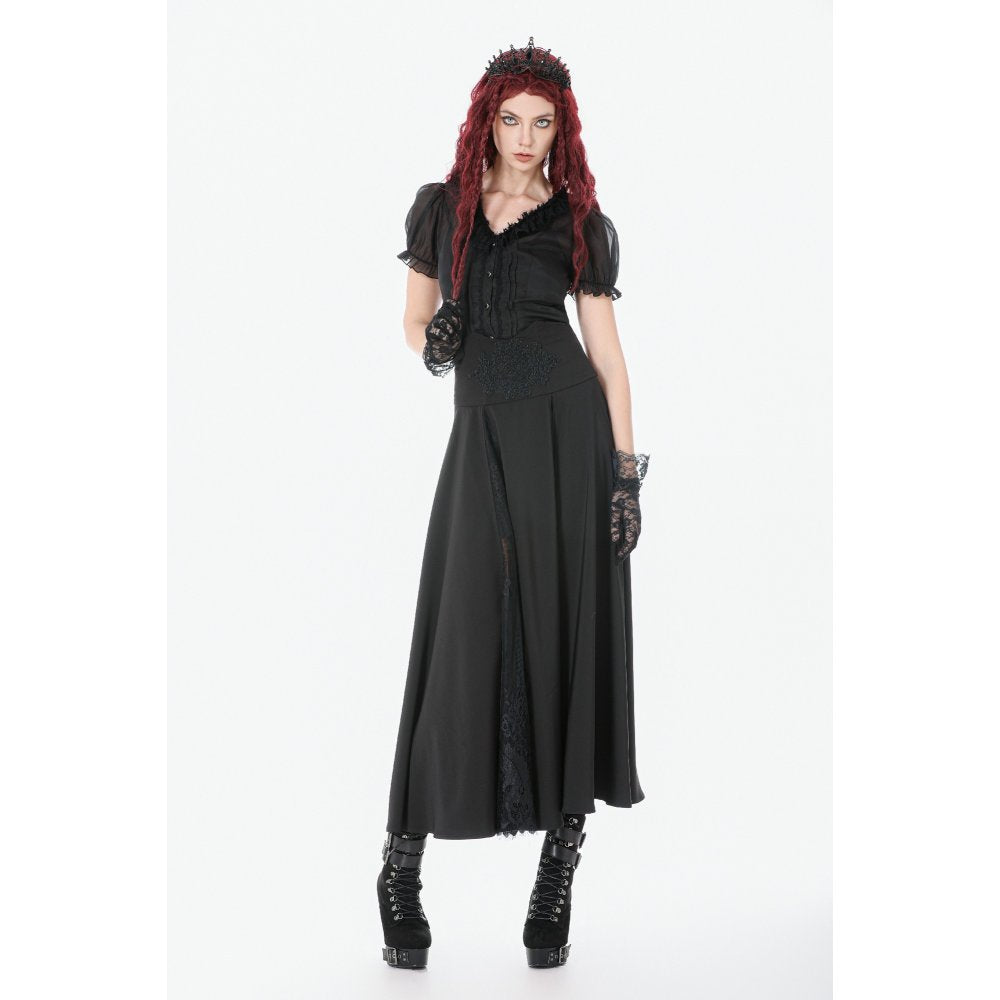Dark in Love Gothic Long Skirt – High Waist Lace Inset Flowing Skirt