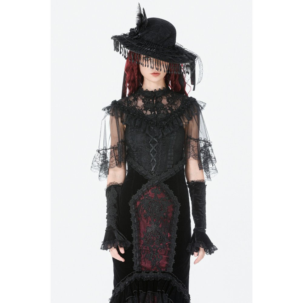 Dark in Love Gothic Velvet Mermaid Skirt – Elegant Red Lace Trim