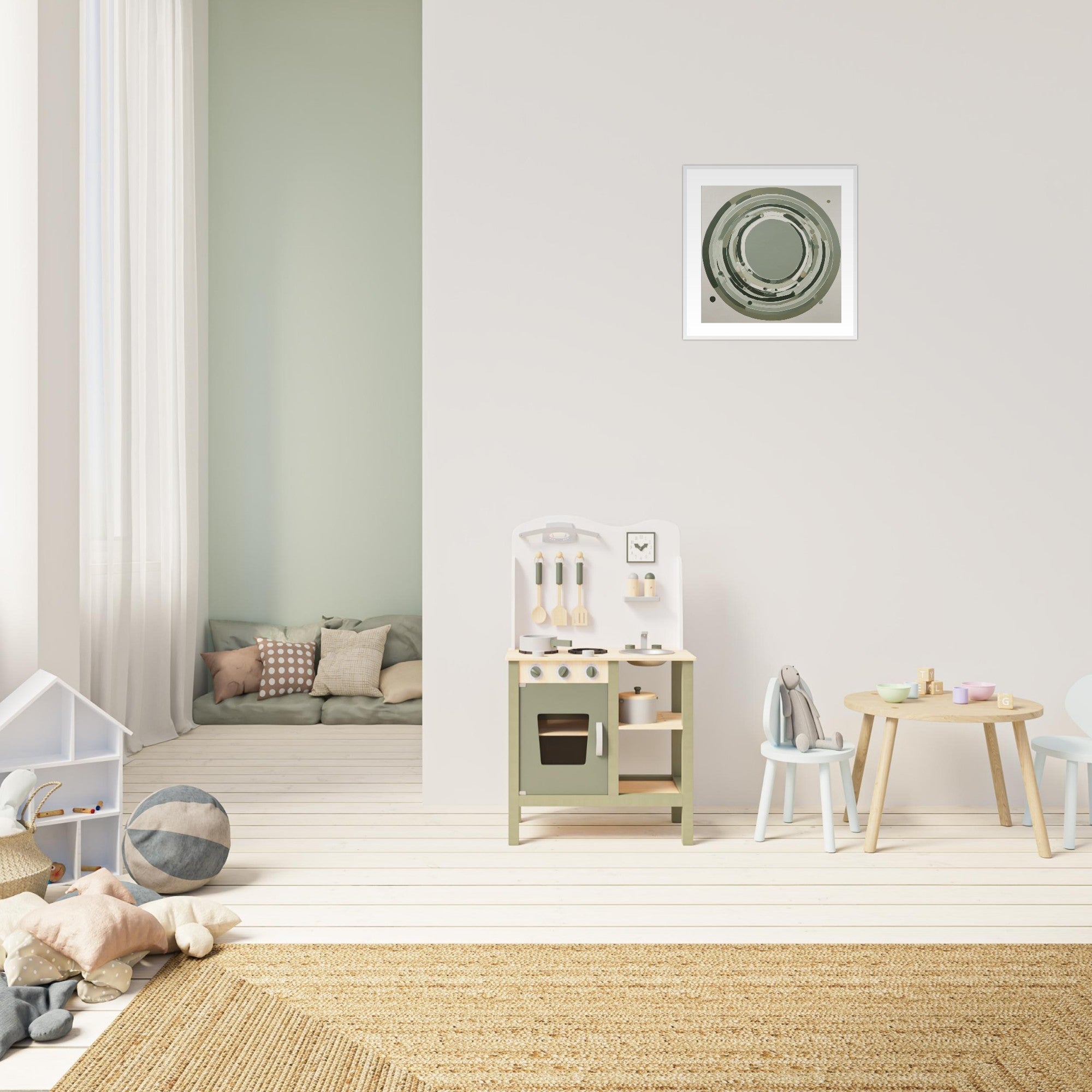 Sage Green Circular Abstract Framed Poster – Minimalist Geometric Wall Art