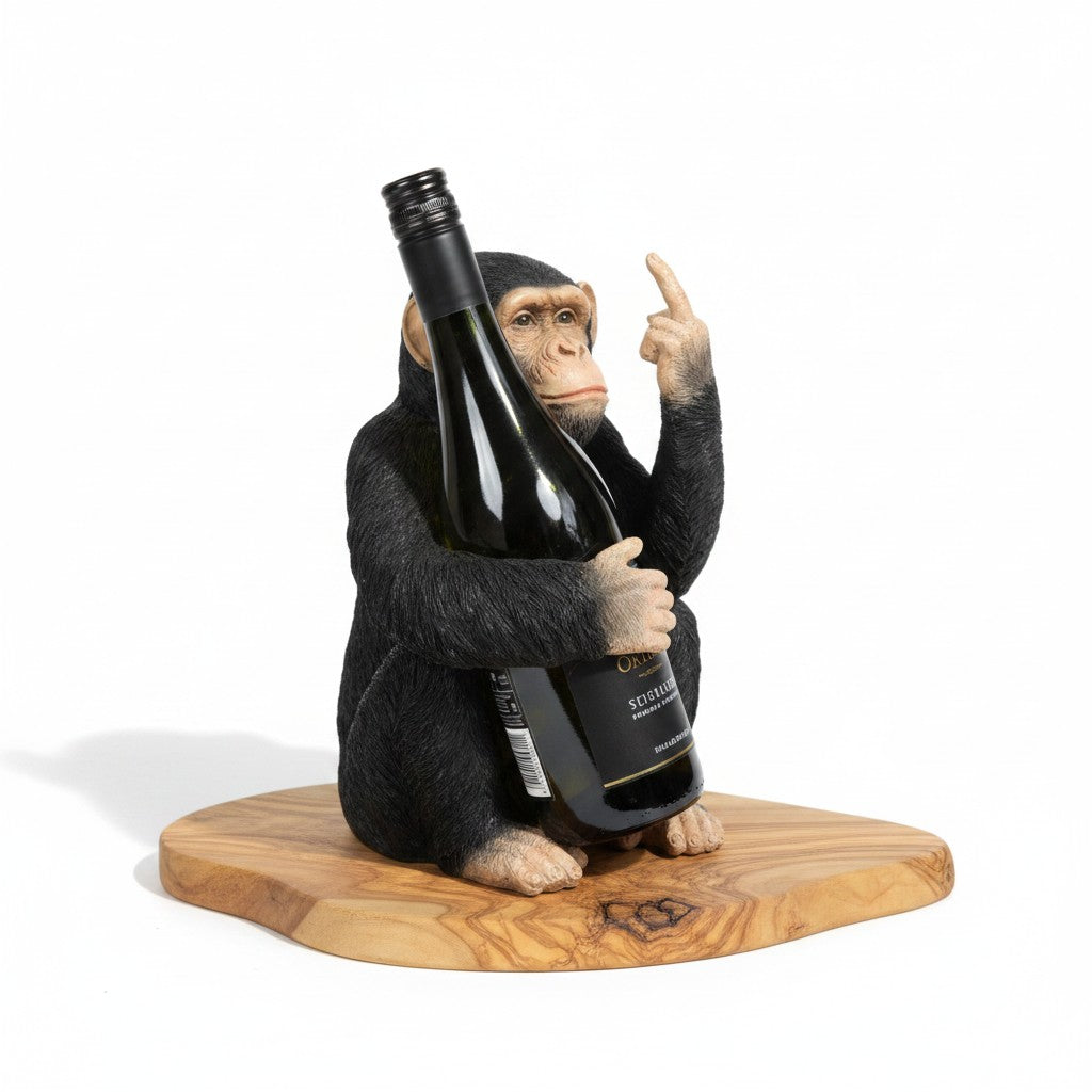 Black Up Yours Monkey Wine Bottle Holder with heart shape olive wood board