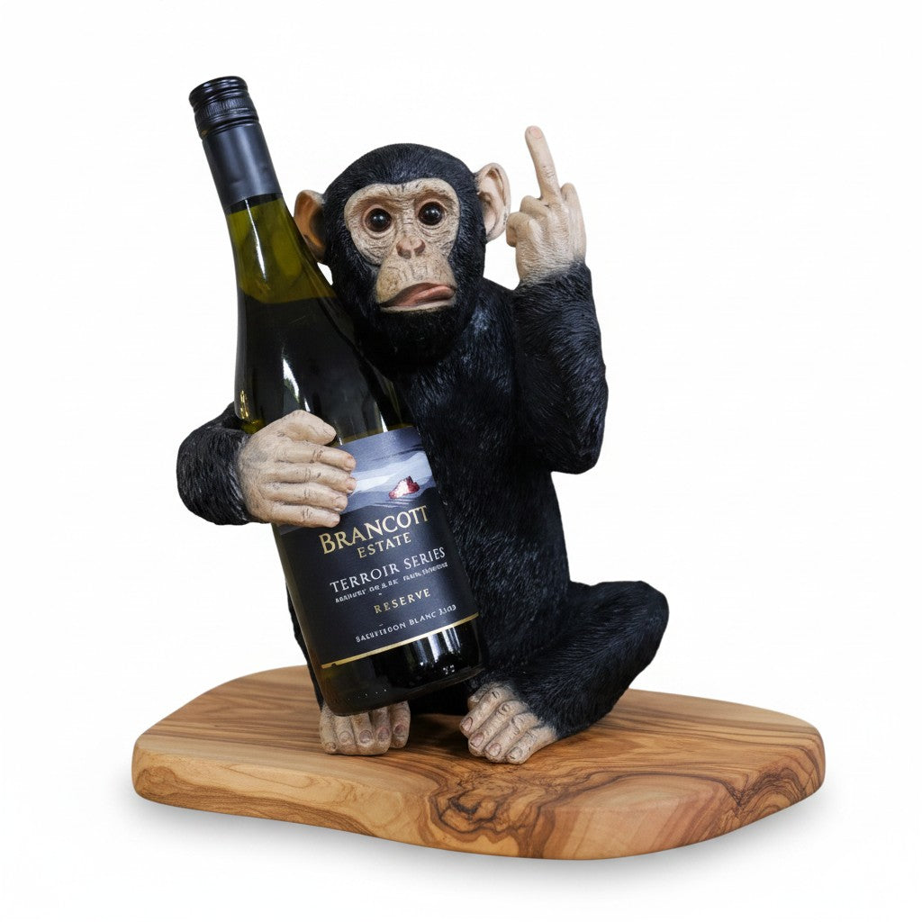 Black Up Yours Monkey Wine Bottle Holder with heart shape olive wood board