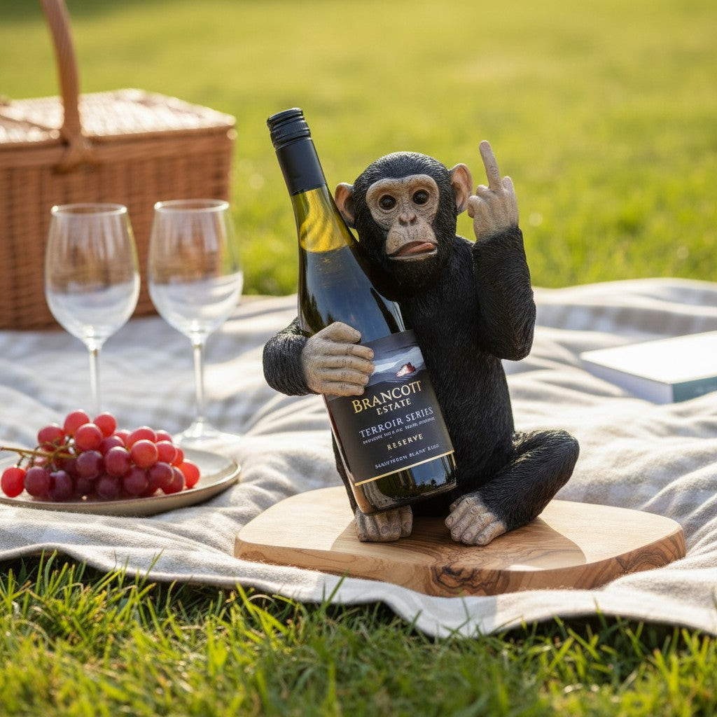 Black Up Yours Monkey Wine Bottle Holder with heart shape olive wood board