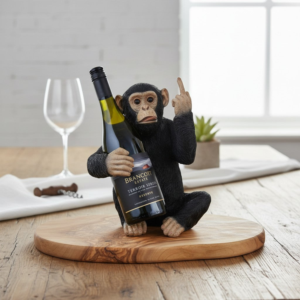 Black Up Yours Monkey Wine Bottle Holder with heart shape olive wood board