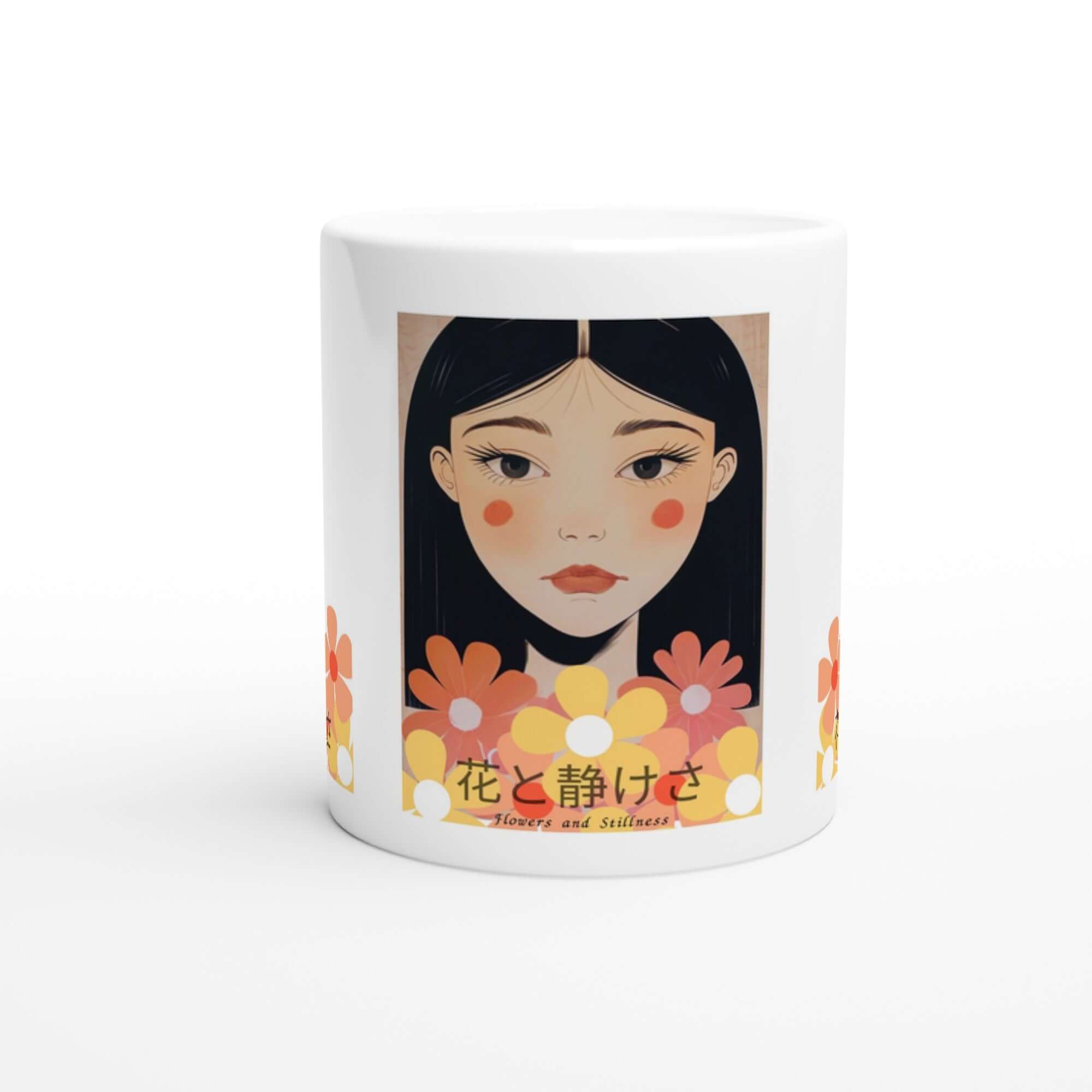 Flowers & Stillness Mug – Japanese Portrait Ceramic Coffee Cup – Tranquil Floral Gift for Tea or Coffee Lovers