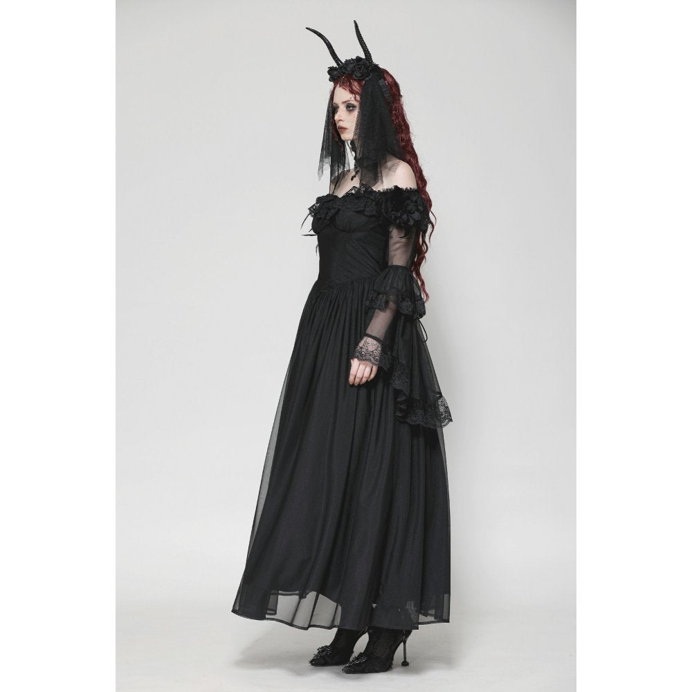 Dark in Love Millicent Black Tulle Feather Gothic Dress with Lace