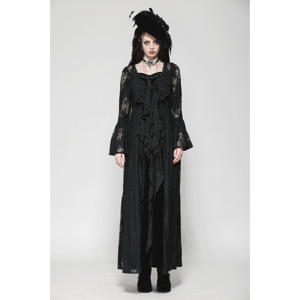 Dark in Love Emersyn Gothic Long Robe – Floral Lace Bell Sleeve