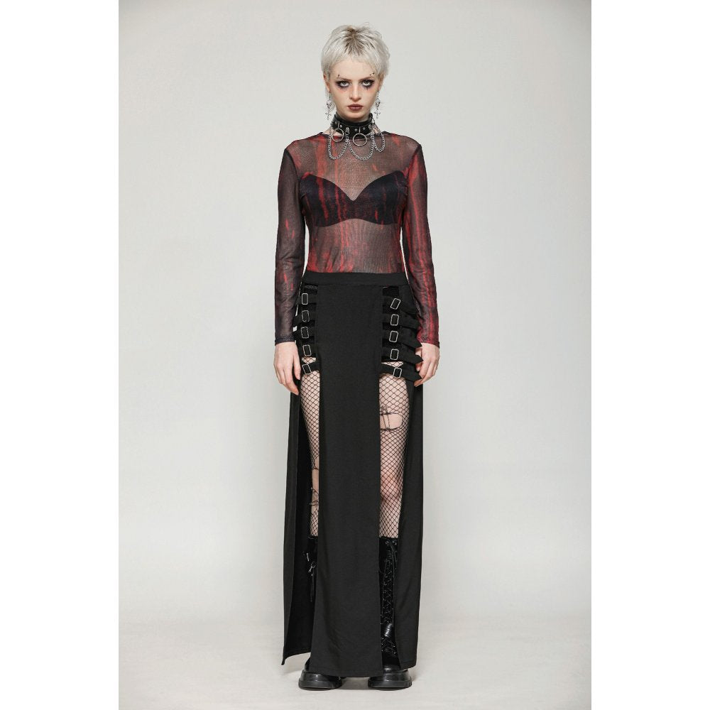 Dark in Love Phoenix Black Slit Maxi Skirt | Goth Faux Leather Buckle