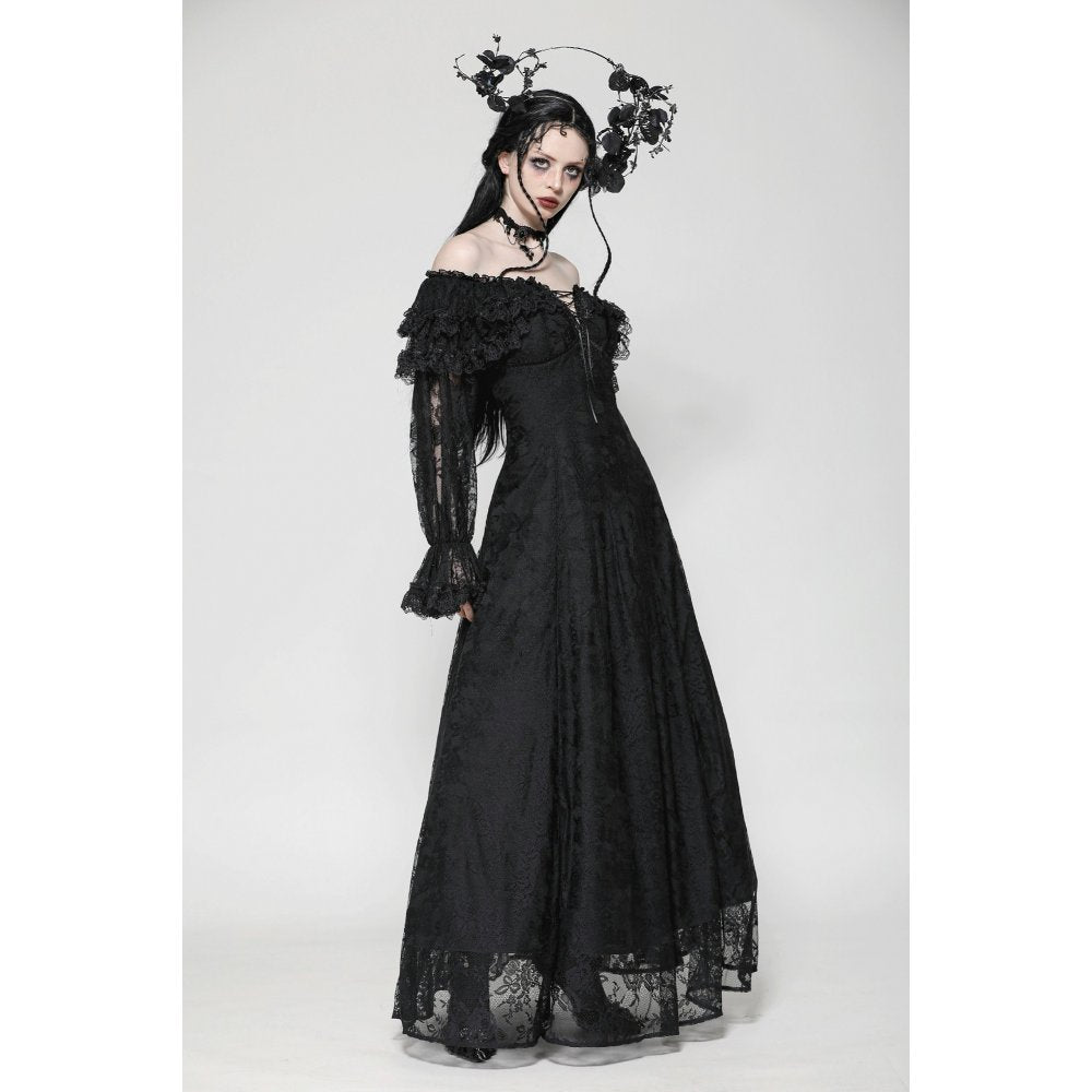 Dark in Love Cosette Gothic Maxi Dress – Lace Ruffle Off-Shoulder