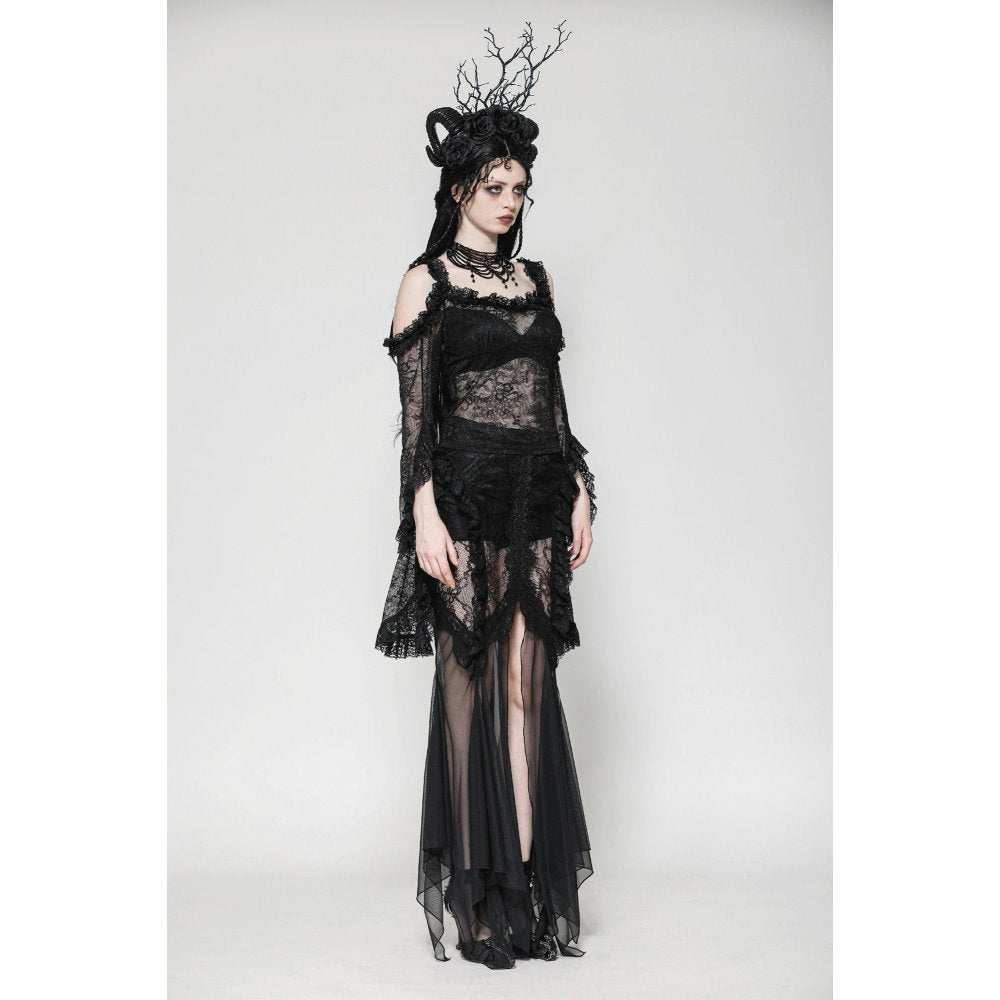 Dark in Love Nevaeh Gothic Lace and Mesh Mermaid Skirt – Black Embroidery