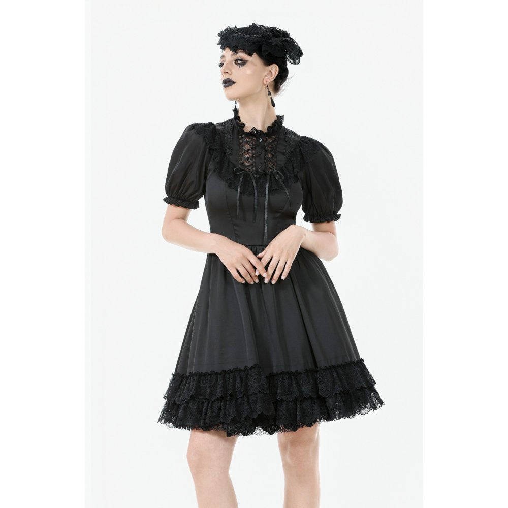 Dark in Love Belladonna Goth Dress – Black Lace-Up Puff Sleeve